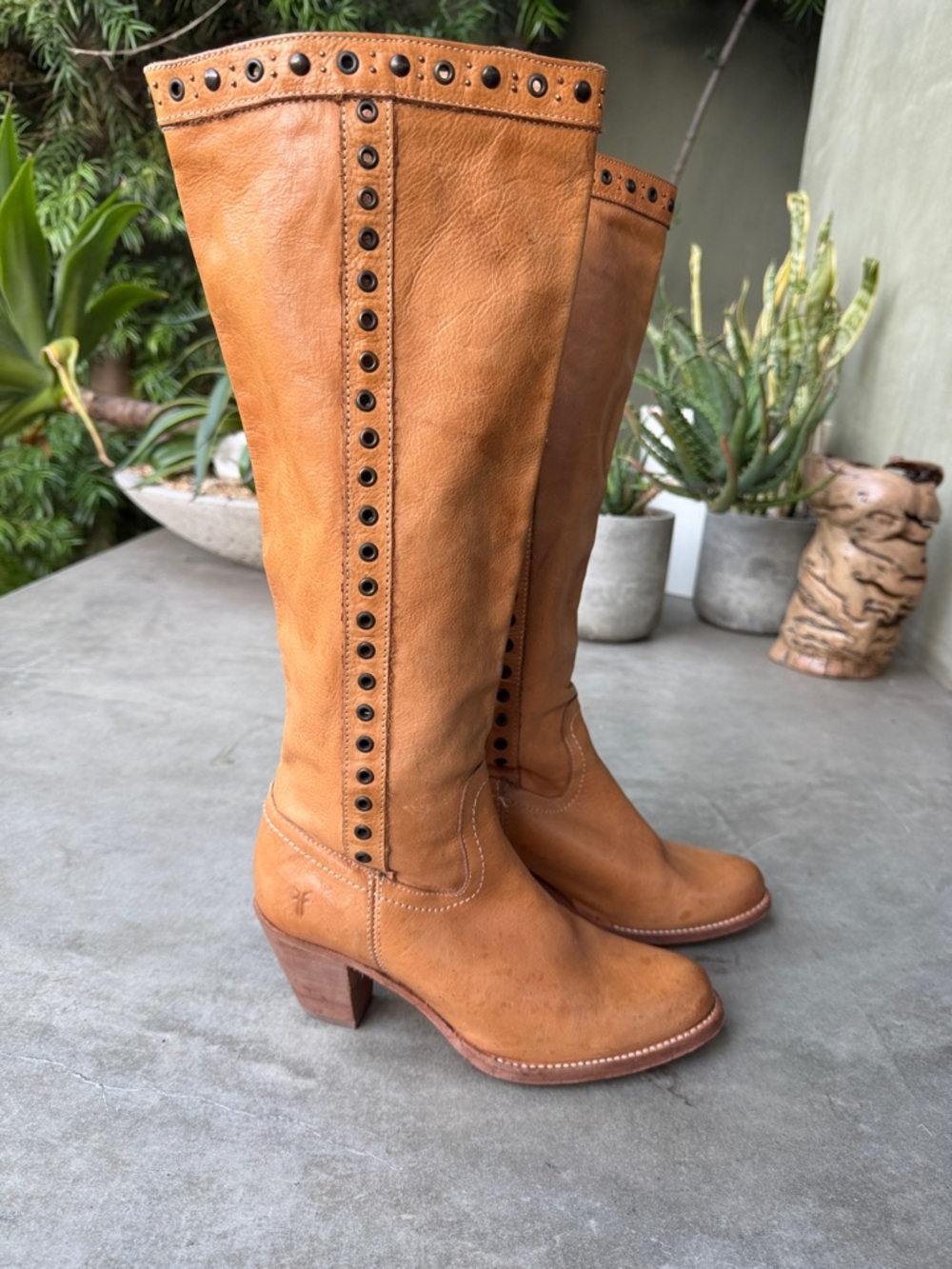 Frye Tan Studded Leather Knee Boots